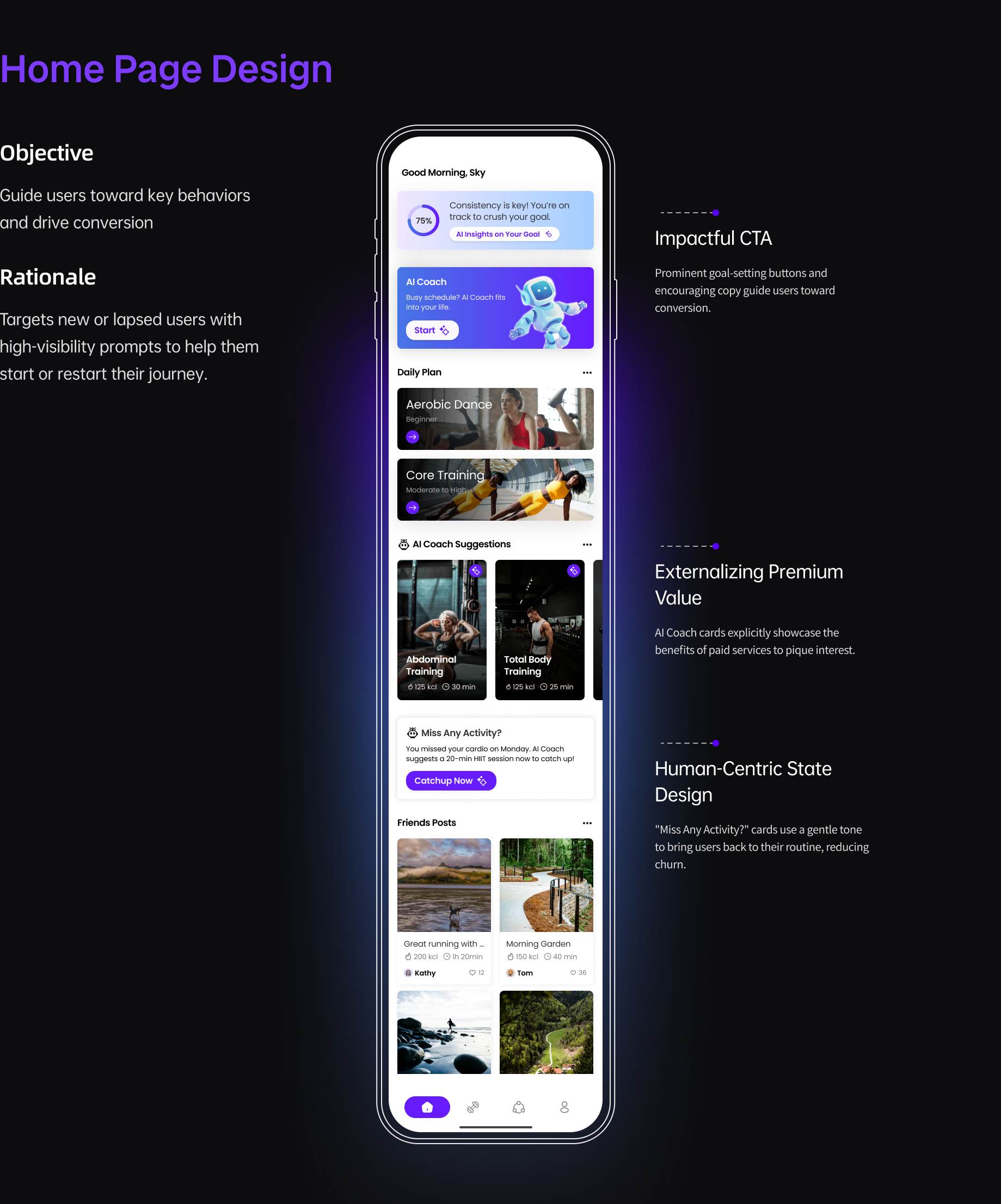Home page v2 with the AI Coach card driving conversion