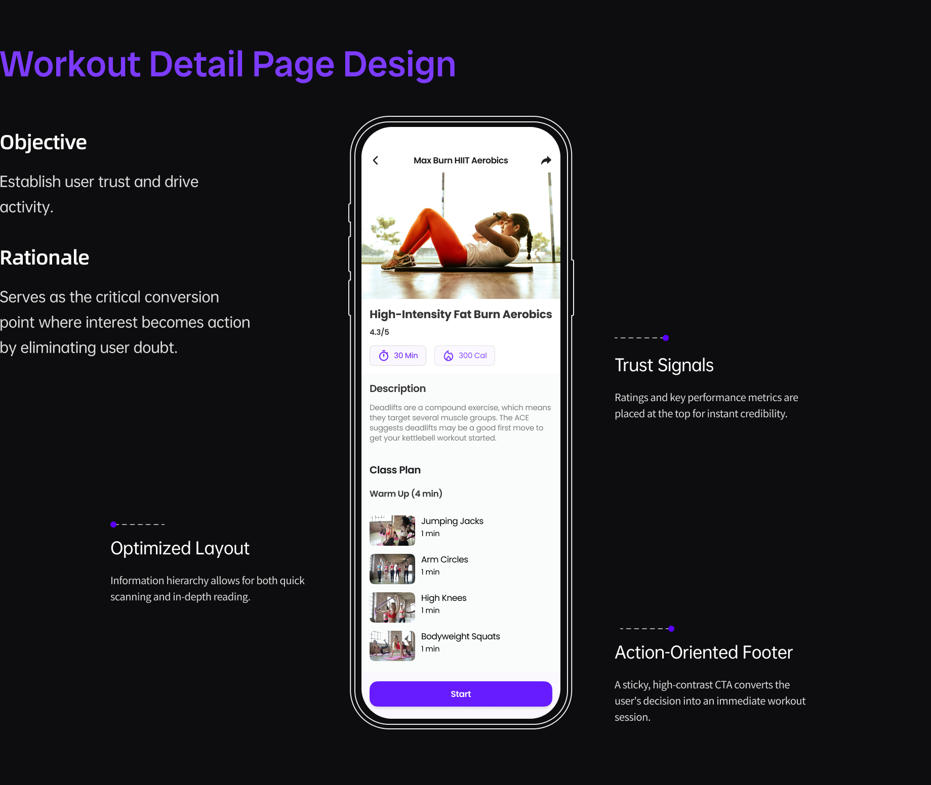 Workout detail page: trust signals and an action-oriented footer