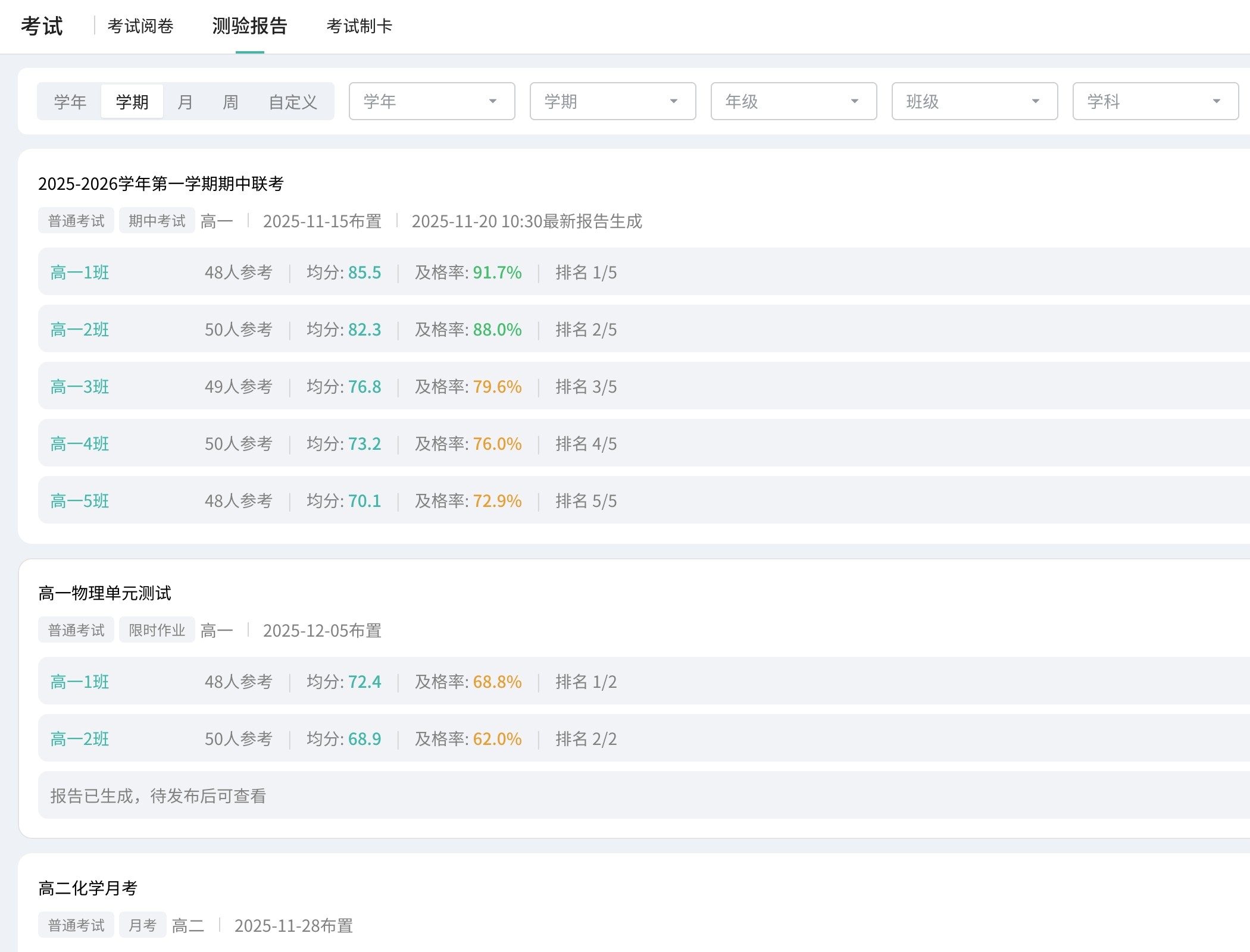AI-generated exam-report list page following the design system rules
